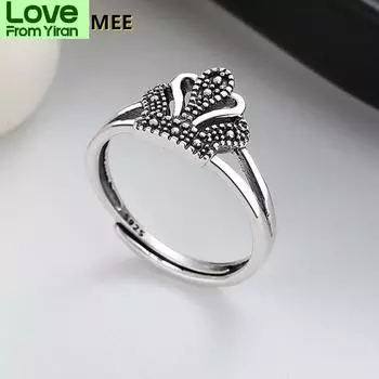 Luckcomee S925 стерлингового серебра ретро корона форма женское кольцо Ins тренд мода серебряные ювелирные изделия обручальные кольца 295fj Resizable серебряный