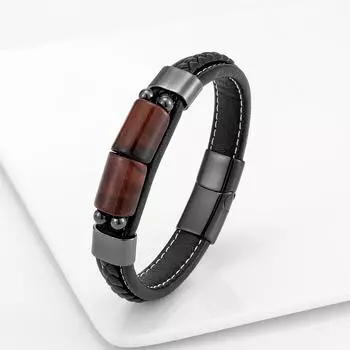 Lucky Board Ретро Ювелирные Изделия Натуральный Тигровый Глаз Камень Мужской Браслет Из Нержавеющей Стали Шарм Классический Черный Кожаный Браслет Веревка 23cm чёрный