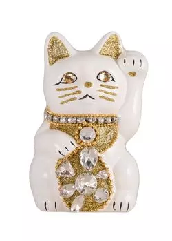 Lucky Cat Jewelry Cat Left Hand Cat Lucky Cat Maneki Cat Lucky Feng Shui Ornament Offerory Box White (S-SIZE White) Raised/Ceramic_Lucky (jw_S