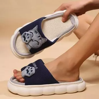 Lucky Cat милые льняные тапочки женские Four Seasons для дома и гостиной на толстой подошве весенние и осенние хлопковые и льняные сандалии лето 44-45 синий