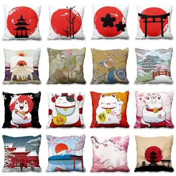 Lucky Cat в японском стиле, декоративная наволочка для дивана-кровати, домашний декор, художественная подушка с креплением Fuji 40x40cm