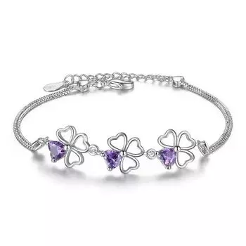Lucky Clover Crystal Purple S925 Посеребренный браслет с цирконом Женские украшения