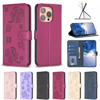 Lucky Clover Four Leaf Clover Pattern PU Leather Card Slots Wallet Phone Case for iPhone XS Max,iPhone 7,8,7Plus,11,11Pro,11Pro Max,12,13,14,15,16... iPhone 16 Plus чёрный