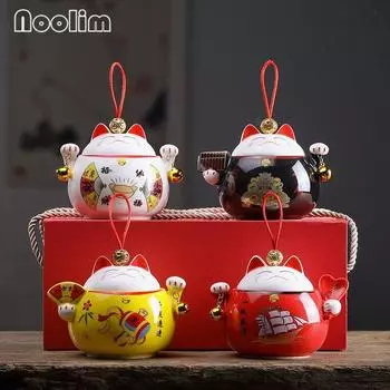 Lucky Cute Cat Caddy Керамическая герметичная банка в форме животного Дорожная портативная банка для специй Кухонный небольшой резервуар для хранения A