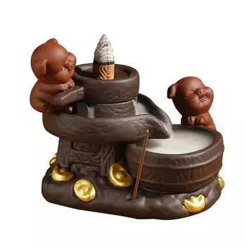 Lucky Feng Shui Stone Mill Ceramic Handicrafts Fortune Pig Backflow Incense Burner Incense Stick Holder Censer Home Ornament