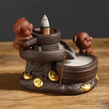 Lucky Feng Shui Stone Mill Ceramic Handicrafts Fortune Pig Backflow Incense Burner Incense Stick Holder Censer Home Ornament