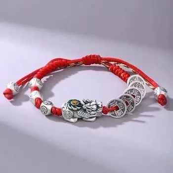 Lucky Fortune 9999 Sterling Silver Pi Xiu Bracelet Men Pure Silver Qing Dynasty Five Emperors Coins Woven Handmade Couple Bracelets Women s Bracelet 10cm Foot silver five Emperor money brave red rope
