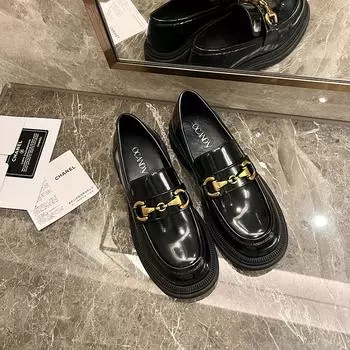 Lucky Shoes Женская обувь в британском стиле из кожи в стиле ретро с золотой пряжкой в виде лошади с круглой головкой и толстой подошвой Маленькие кожаные туфли для женщин с педалью 34 чёрный