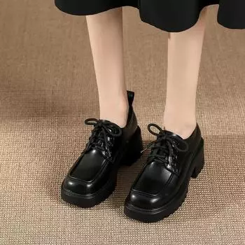 Lucky Shoes Женская обувь на шнуровке для увеличения размера с одной педалью Кожаные женские мягкие кожаные туфли с круглым носком на наклонном каблуке в британском стиле 34