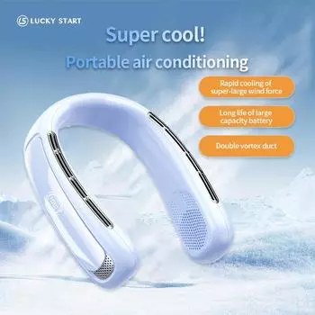 LUCKY START Портативный шейный вентилятор USB Ручной бесшумный светодиодный цифровой дисплей Безлистный мини-электрический вентилятор Красочные атмосферные огни 5-я передача темно-синий