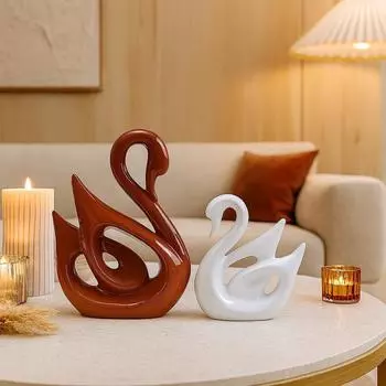 Lucky Swan Couple Piano Finish Ceramic Figures for Home Decor (Set of 2 Pc, Large, Brown & White)