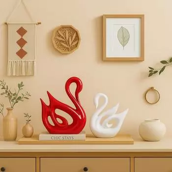 Lucky Swan Couple Piano Finish Ceramic Figures for Home Decor (Set of 2 Pc, Large, White & Red) белый/красный