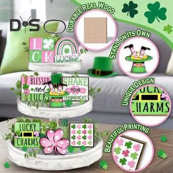 Lucky Tiered Tray Декор Набор St. День Святого Патрика Розовый Зеленый Трилистник Деревянный Знак Горошек Трилистник Клевер Радуга Цилиндр Украшение для Домашнего Стола 8pcs