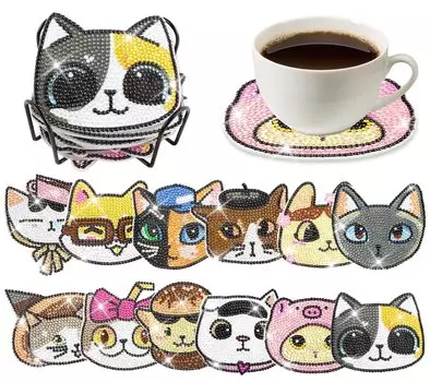 LUCKYBEE 12 шт. Набор для подставки под стакан с изображением кошки, набор для самостоятельной алмазной живописи с держателем, набор для самостоятельной алмазной живописи 5D, набор для подставки под стакан для детей, популярный