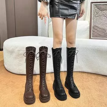 Lucury Platform Woman Женские полусапожки на платформе с подкладкой Туфли до колена Зимние кроссовки в стиле панк Военные повседневные Белые Черные 36