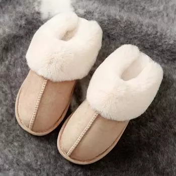 Lucyever 2024 New Fluffy Home Slippers Women Flat Heels Non Slip Winter Cotton Shoes Woman Indoor Faux Suede Plush Couple Shoes 36-37(fit 35-36) бежевый