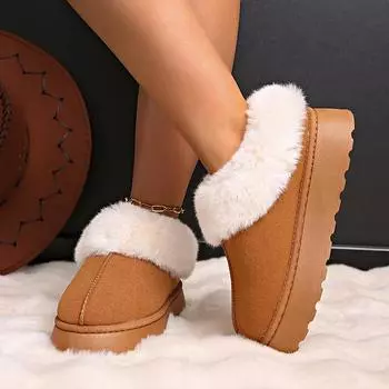 Lucyever 2024 Новые зимние сапоги на толстой подошве с мехом, женские пушистые меховые нескользящие зимние сапоги для женщин, туфли из толстого плюша и хлопка 36 коричневый