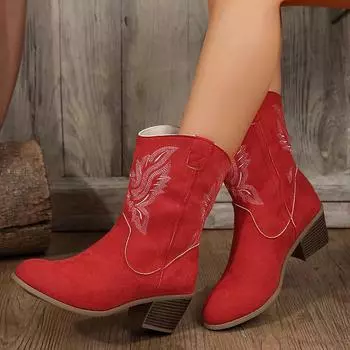 Lucyever 2024 Red Western Cowboy Boots Women Autumn Winter Thick Heels Ankle Boots Woman Slip On Embroidered Riding Botas Mujer 36 красный