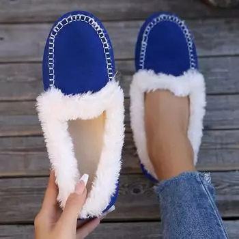 Lucyever 2024 Winter Slip On Thick Plush Flats Shoes for Women Comfort Warm Casual Shoes Woman Solid Color Soft Sole Loafers 35 чёрный