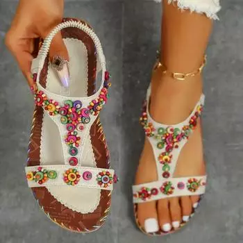 Lucyever Beaded Flowers Flat Heeled Sandals Women Summer 2024 Plus Size Open Toe Bohemian Sandals Woman Elastic Strap Rome Shoes 38