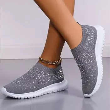 Lucyever блестящие кристаллы вязаные кроссовки женские весна 2024 дышащие сетчатые балетки женские большие размеры повседневная обувь для бега 43 35 красный