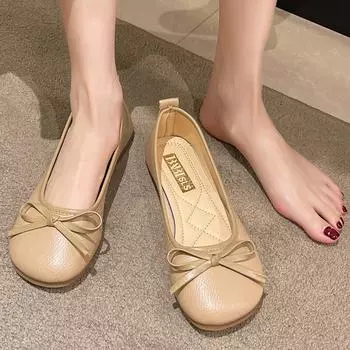 Lucyever Bow Pu Leather Женские балетки на плоской подошве 2024 Комфортные туфли без застежек на мягкой подошве Женские туфли с закрытым носком Женские 35 бежевый