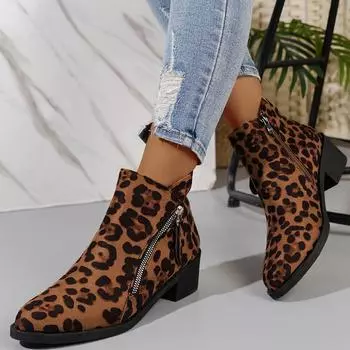 Lucyever Chic леопардовый принт женские ботильоны с боковыми молниями толстый каблук короткие женские ботинки с острым носком в стиле вестерн большие размеры 35 чёрный