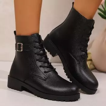 Lucyever Классические ботильоны с пряжкой Женские черные ботинки на платформе из искусственной кожи Женские осенние ботинки на низком каблуке на шнуровке 36