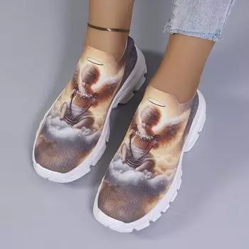 Lucyever Fashion Print Sock Sneakers для женщин Легкие спортивные туфли без застежек Женские дышащие трикотажные балетки Zapatos Mujer 43 36 белый