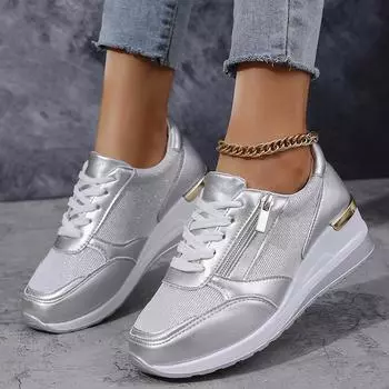 Lucyever Fashion Silver Wedge Sneakers Shoes Women 2025 Lace Up Platform Vulcanized Shoes Woman Cozy Thick Bottom Sport Sneaker 37 золотой
