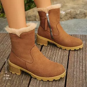 Lucyever Faux Suede Fur Ankle Boots Women Winter Warm Thick Heels Plush Boots Woman Side Zipper Non Slip Snow Shoes Female 43 36 коричневый