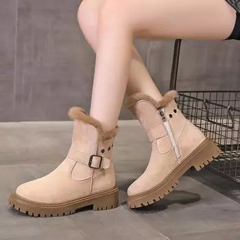 Lucyever Faux Suede Winter Woman Ankle Boots Fashion Buckle Warm Thick Plush Snow Boots Women Vintage Platform Botas Mujer 2024 35 чёрный