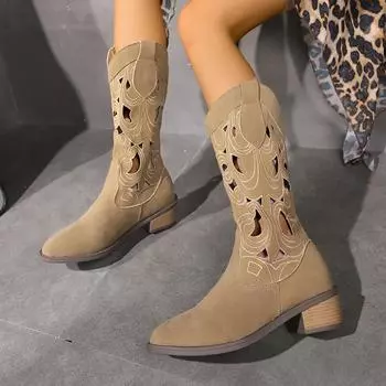 Lucyever Hollow Out Дизайнерские ковбойские сапоги женские осенние из искусственной замши средней длины женские ковбойские сапоги на толстом каблуке 43 36