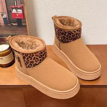 Lucyever Leopard Print Faux Suede Snow Boots Women Anti Slip Thicken Plush Winter Botas Mujer Platform Warm Ankle Boots Woman 36 чёрный