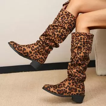 Lucyever Леопардовый принт Плиссированные длинные сапоги Женские сапоги до колена на толстом каблуке с заостренным носком для женщин размера плюс Botas Mujer 43 35 бежевый