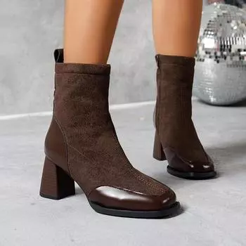 Lucyever Лоскутные толстые каблуки ботильоны женские модные элегантные квадратные носки короткие ботильоны женские эластичные высокие туфли-лодочки женские 35 чёрный