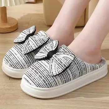 Lucyever милые хлопковые тапочки с бантом женские зимние домашние сохраняющие тепло толстые подошвы женские нескользящие тапочки на платформе домашняя обувь женская 36-37