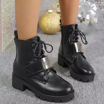Lucyever панк массивная платформа мотоциклетные ботинки женские ботильоны из искусственной кожи с металлическим декором для женщин на шнуровке черные армейские ботинки 35 чёрный