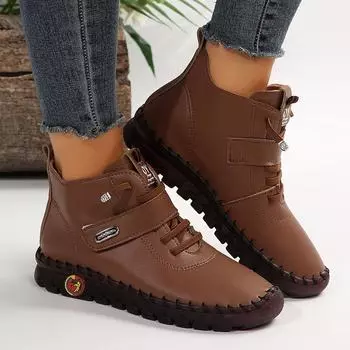 Lucyever Pu Leather Lace Up Ankle Boots Woman Plus Size Warm Plush Casual Boots for Women Comfortable Soft Sole Mom Shoes Female 35