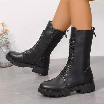 Lucyever панк шнуровка мотоциклетные ботинки женские осень зима боковая молния до середины голени женские ботинки из искусственной кожи на низком каблуке женские 35 чёрный