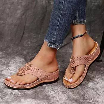 Lucyever Retro Flowers Wedge Heel Flip Flops Women Summer Plus Size Platform Beach Slippers Woman Lightweight Thick Sole Sides 36 чёрный