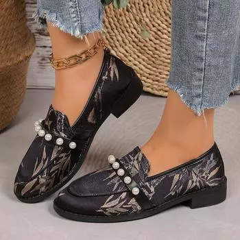 Lucyever Роскошные черные мокасины с бисером для женщин, большие размеры, на низком каблуке, офисная рабочая обувь, женские удобные туфли на мягкой подошве без застежек 36 чёрный