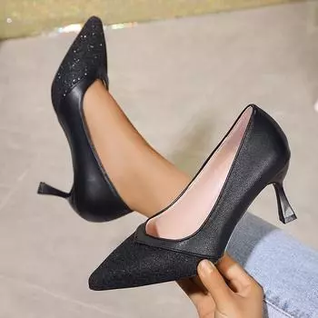 Lucyever Sequined Pointed Toe Pumps Women Elegant Thin Heels Office Wedding Shoes Woman Plus Size Shallow Mouth High Heel Shoes 34 чёрный