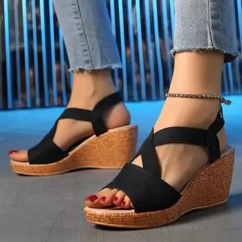Lucyever Slip On Wedge Sandals for Women 2024 Elastic Strap High Heel Sandles Woman Thick Sole Summer Gladiator Sandalias Mujer 36 чёрный