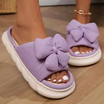 Lucyever Sweet Bowknot Platform Slippers Women Indoor Thick Bottom Linen Slipper Shoes Woman Comfortable Non Slip Home Shoes 36-37 чёрный