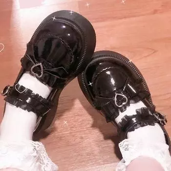 Lucyever Sweet Lace Bowknot Lolita Shoes Women Heart Buckle Patent Leather Mary Janes Woman 2025 Round Toe Platform Flats Shoes 35 чёрный