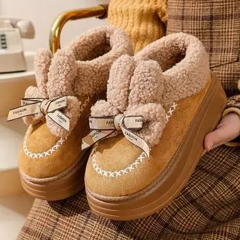 Lucyever Thick Sole Bowknot Cotton Slippers Women 2024 Outdoor Warm Cotton Shoes for Woman Indoor Plush Padded Slippers Female 36-37 бежевый