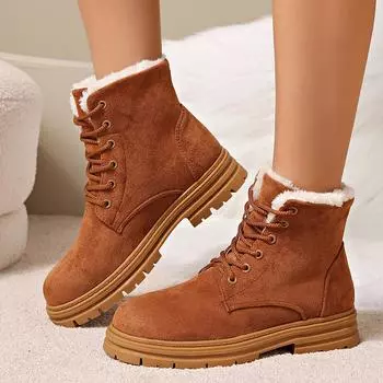 Lucyever Winter Thick Plush Ankle Boots Women 2024 Keep Warm Faux Suede Snow Boots Woman Retro Lace Up Short Booties Mujer 42 36 коричневый