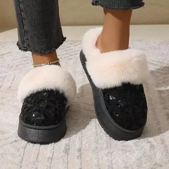 Lucyever Зимние сапоги с блестками для женщин 2024 года, зимние сапоги из искусственного меха, женские нескользящие ботинки на платформе, женские 36 чёрный