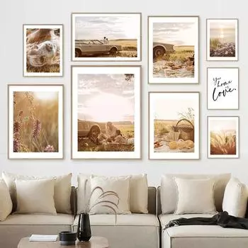 Луг любителей лаванды пикник закат пейзаж искусство холст картины плакаты на скандинавскую тему и принты настенные панно для декора гостиной 21x30cm No Framed